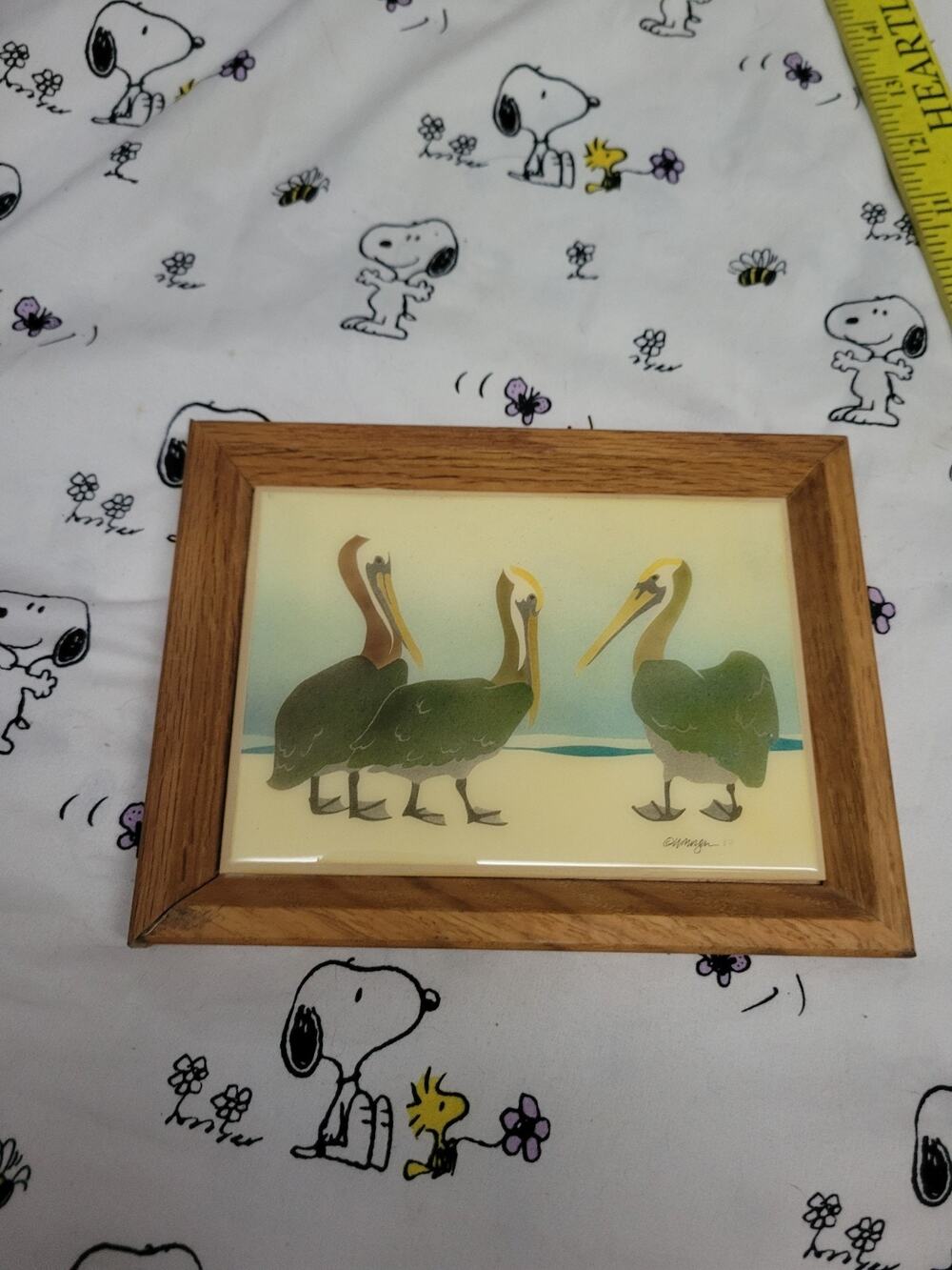 Wooden And Ceramic Tile Lid With Pelicans Signed Decor